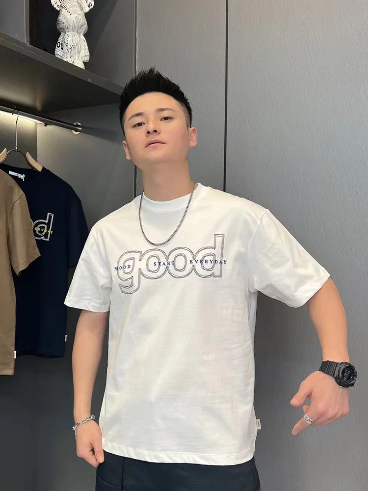 American Sle Trendy Letters Print round Neck Short sleeve T-shirt 2024 Summer New Men's Youth All-Match Ruan Handsome Half ...
