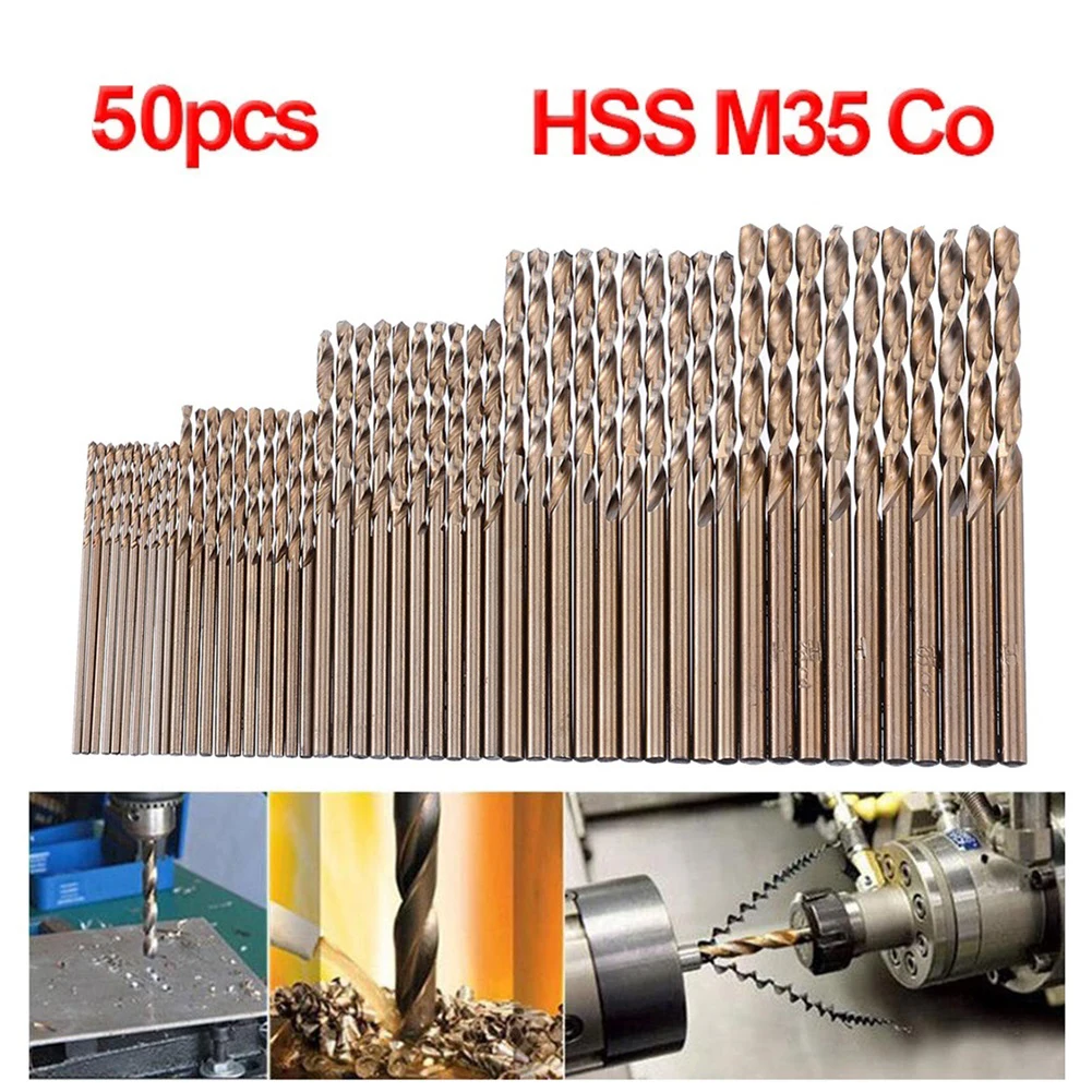 50pcs Drill Bit Set HSS M35 Cobalt Drill Bits For High Tensile Steels 1mm 1.5mm 2mm 2.5mm 3mm 135 Degree Split Point Tip