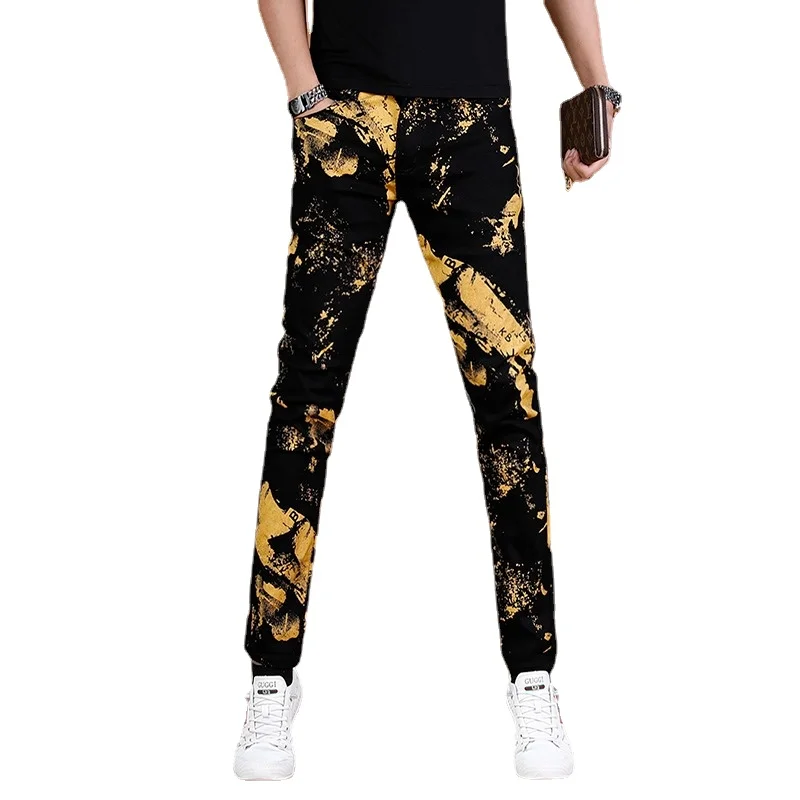 Black Jeans Men Summer Fashion Golden Printed Pants Streetwear Casual Straight Slim Fit Denim Trousers