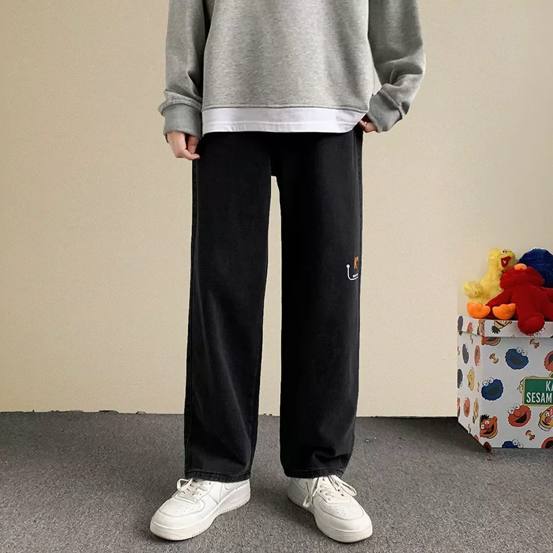 2022New Autumn New Men's Baggy Jeans Fashion Straight Denim Wide-leg Pants Black Light Blue Ins Casual Trousers Streetwear M