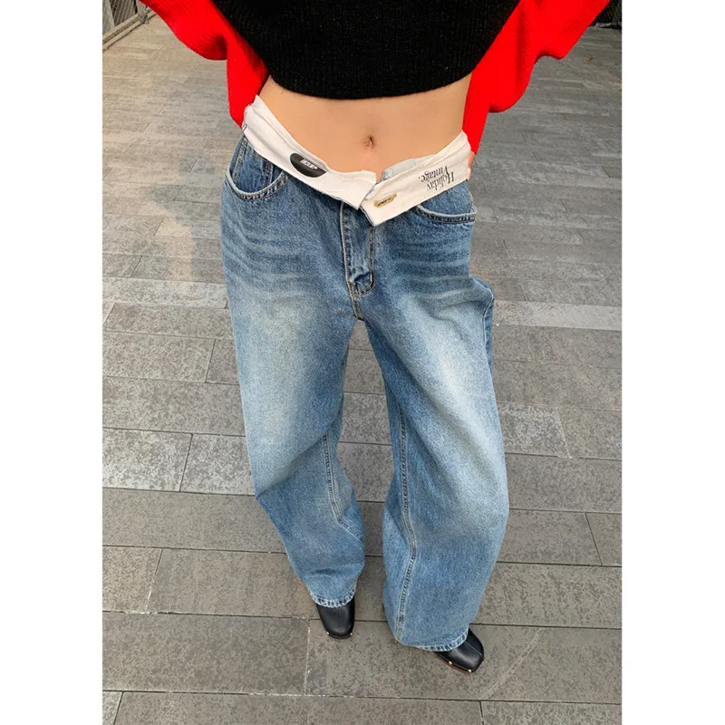 

Женские джинсы с заниженной талией, свободные контрастные джинсы с широкими штанинами и двойной талией в уличном стиле, весна 2023