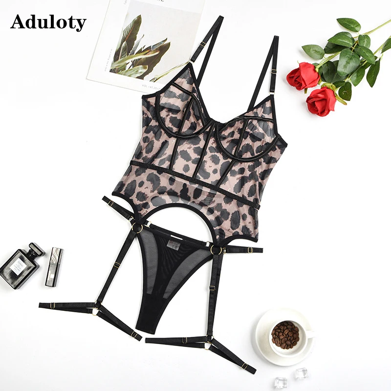 

Aduloty Women Fashion Leopard Pattern Shaping Split Sexy Lingerie Thin Perspective Camisole Bra Erotic Underwear Thong Set