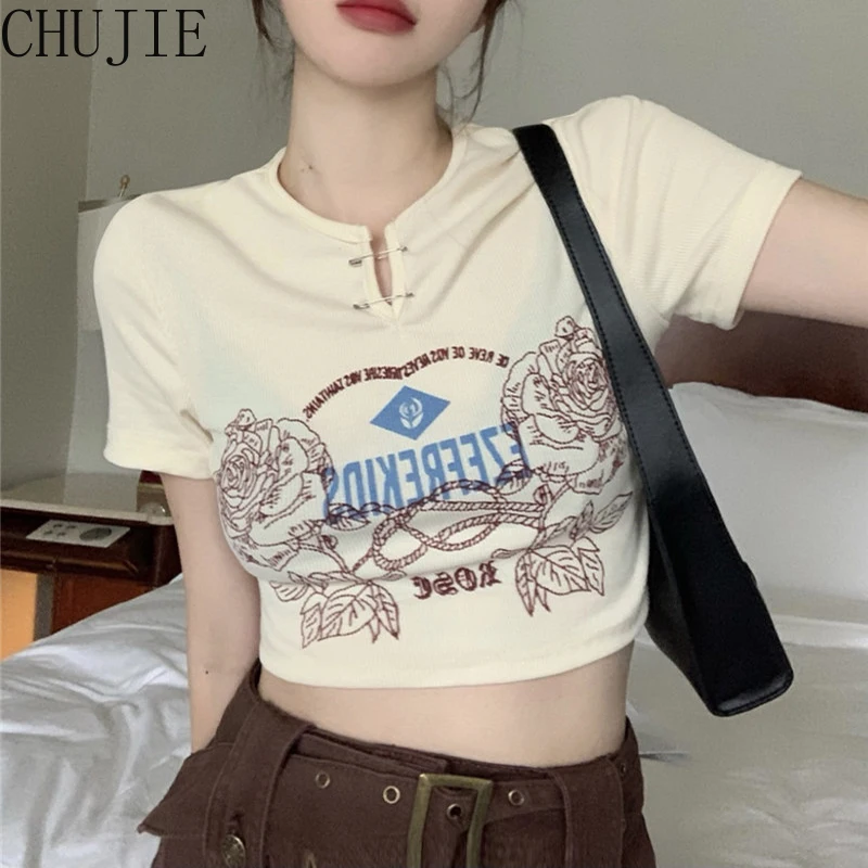 

2022 Women Summer Short Sleeve Ribbed Slim T-Shirt Gothic Punk Notched Neck Metal Safety Pin Crop Top Harajuku Rose Floral