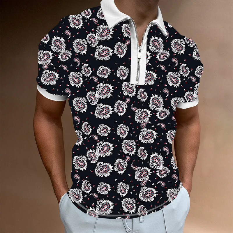 

men's shirts 2022 Summer Men's T-Shirt Floral Print Short Sleeve Polo Shirt Men's Clothing Slim Fit Zipper Lapel 3D T Shirt Top