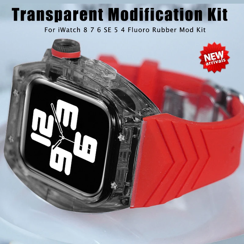 

44 45mm Transparent Mod Kit for Apple Watch 45mm 8 7 6 5 4 SE Modification Kit for iWatch 44mm Fluoro Rubber Men Sport Case Band
