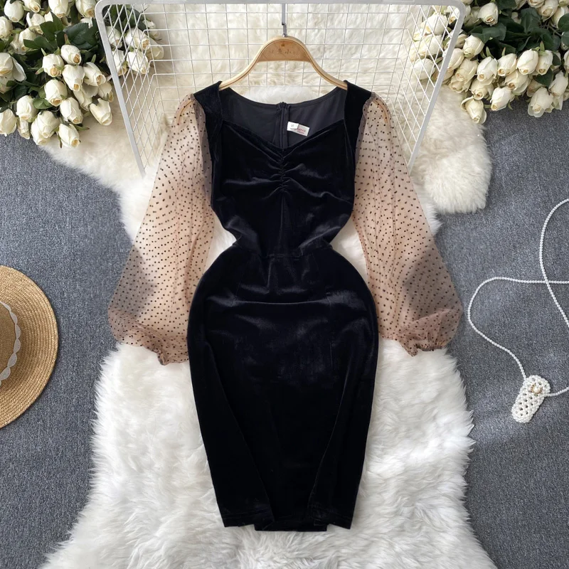 

Женское бархатное платье в горошек, с длинным рукавом и V-образным вырезом