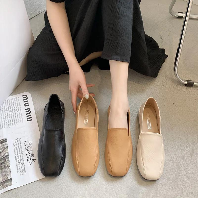 

Shoes Woman Flats Shallow Mouth Square Toe Slip-on Loafers With Fur Soft Casual Female Sneakers Dress Moccasin Grandma New Slip