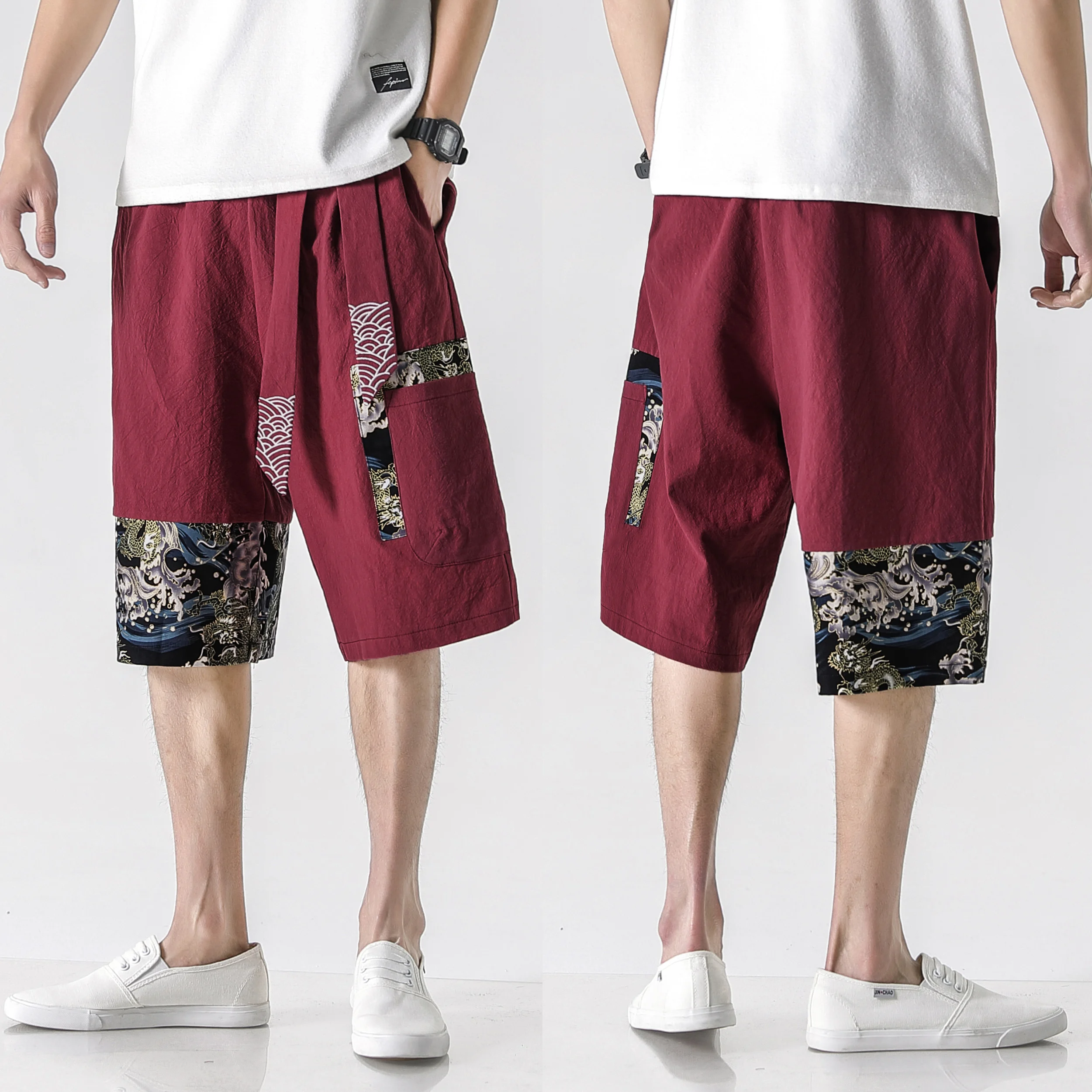 

Fashion Men's Linen Belt Straight Harem Pants Printed Beach Shorts Casual Hip Hop Elastic Waist Wide Leg Cropped Pants