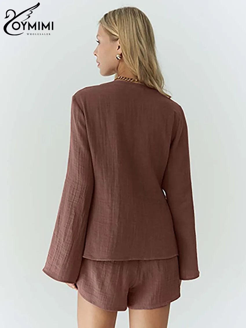 Oymimi повседневный коричневый хлопковый комплект из двух предметов для женщин