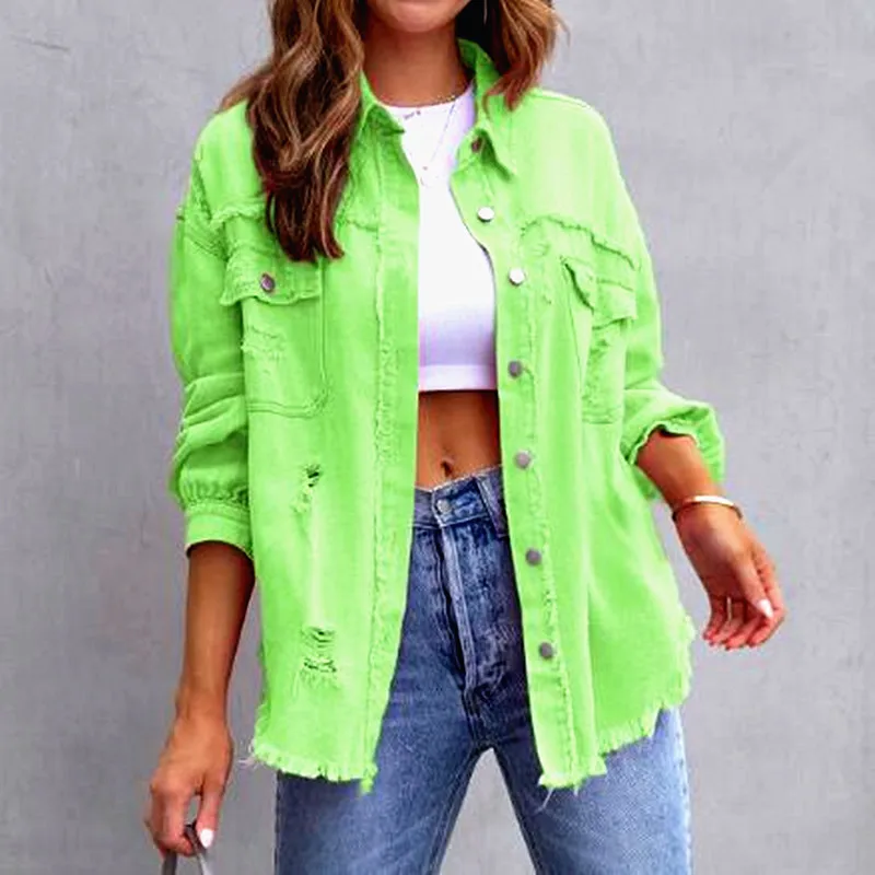 

Women Pocket Hole Tassel Turndown Collar Denim Button Casual Boho Full Long Sleeve Spring Winter Cardigan Jacket Coats Outerwear