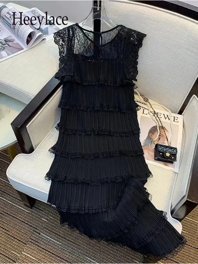 

Summer Lace Midi Dress For Women Fashion Temperament Flying Sleeve O-Neck Black Pullover Silm Dresses Ruffles Patchwork Vestidos