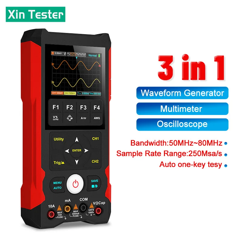 

Цифровой мультиметр Xin Tester, 6000 отсчетов, RMS, двухканальный осциллограф, полоса пропускания 80 МГц, генератор 1 канал, 3 в 1