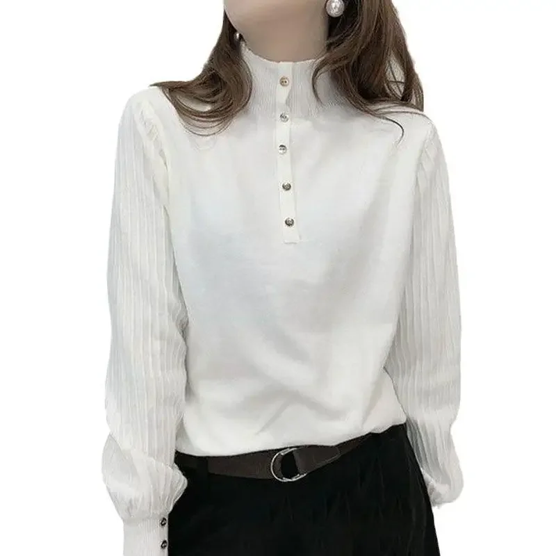 Женский трикотажный пуловер на пуговицах с длинным рукавом и высоким воротником