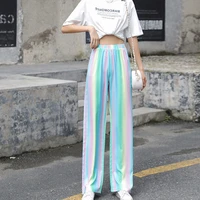 women high waist loose korean wide leg pants 2021 fashion rainbow stripe casual pant female summer high street trouser sweet pop