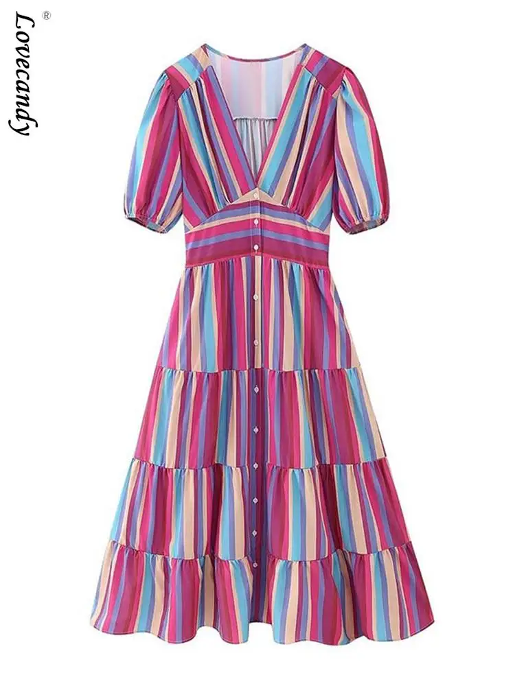 

Women Striped Pleated Single Breasted V Neck Maxi Dress Female Elegant V-Neck Contrasting Color Short Sleeves Outwear Dresses