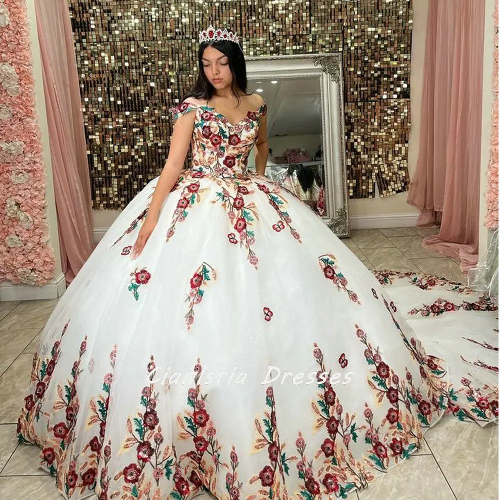 

Glitter Sequined Floral Appliques Lace Corset Quinceanera Dress Ball Gown Off The Shoulder Graduation 7th Vestido De XV Anos