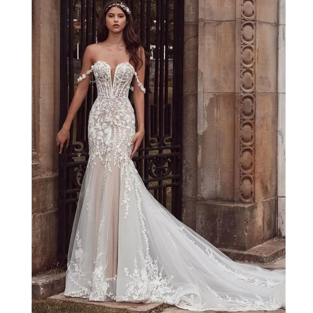 

Boho Mermaid Wedding Dress For Women 2023 3D Lace Applique Off Shoulder Maxi Gown Sweep Train Elegant Vestidos De Noiva