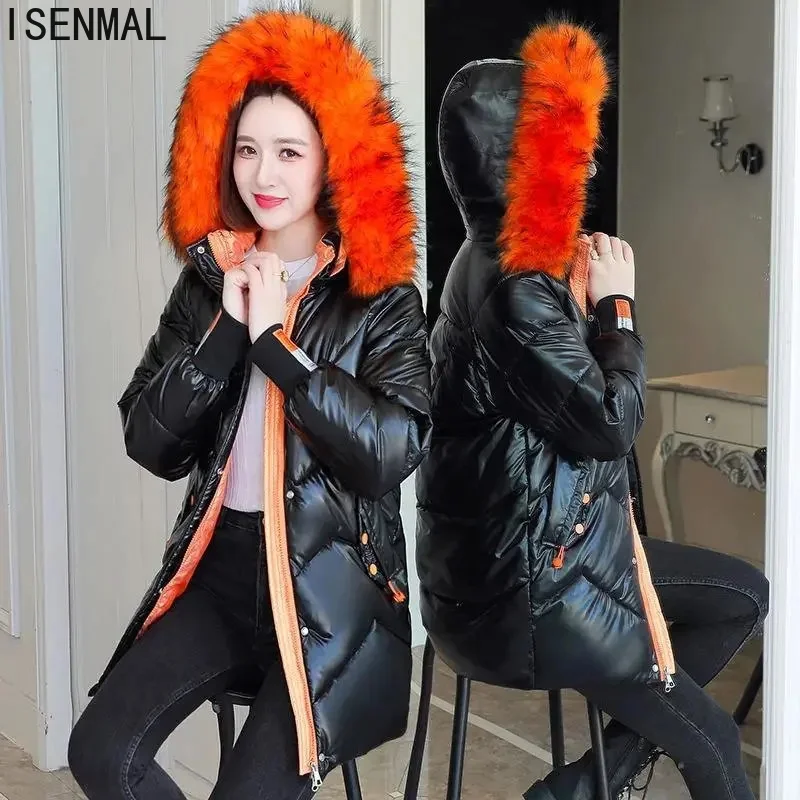 

New Winter Jacket Women Parkas Long Glossy Down Cotton Padded Parka Fur Collar Hooded Female Jacket Thicken Warm Outwear
