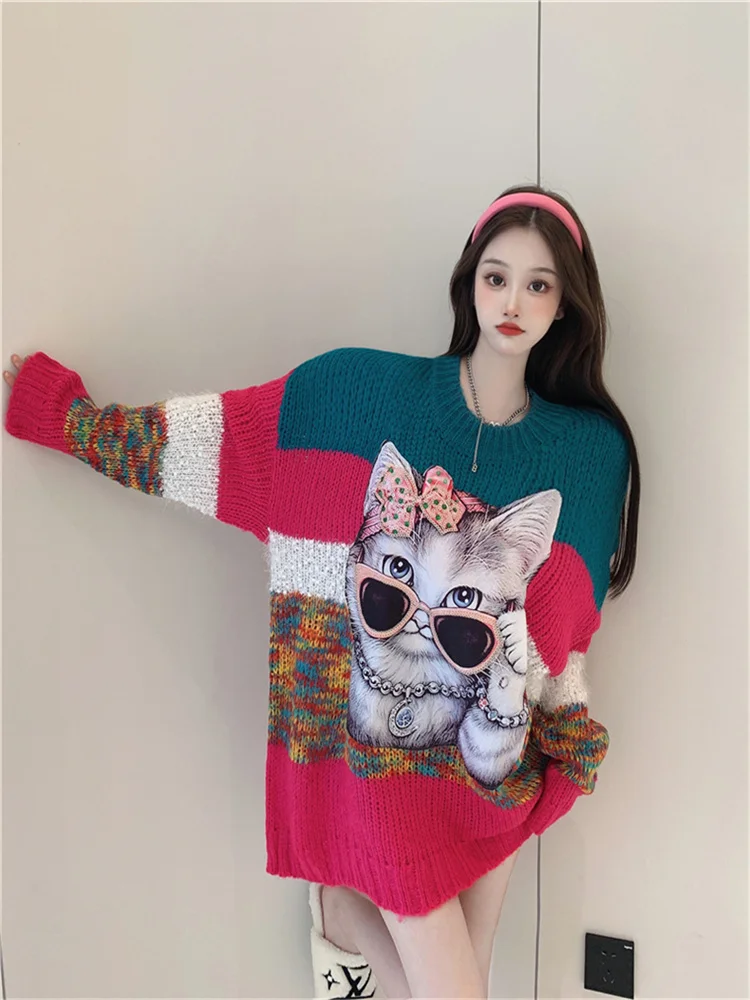 

Осень-зима 2022, милые Мультяшные свитера с круглым вырезом, модные вязаные топы с рисунком котенка, шикарные Свободные Повседневные свитера оверсайз