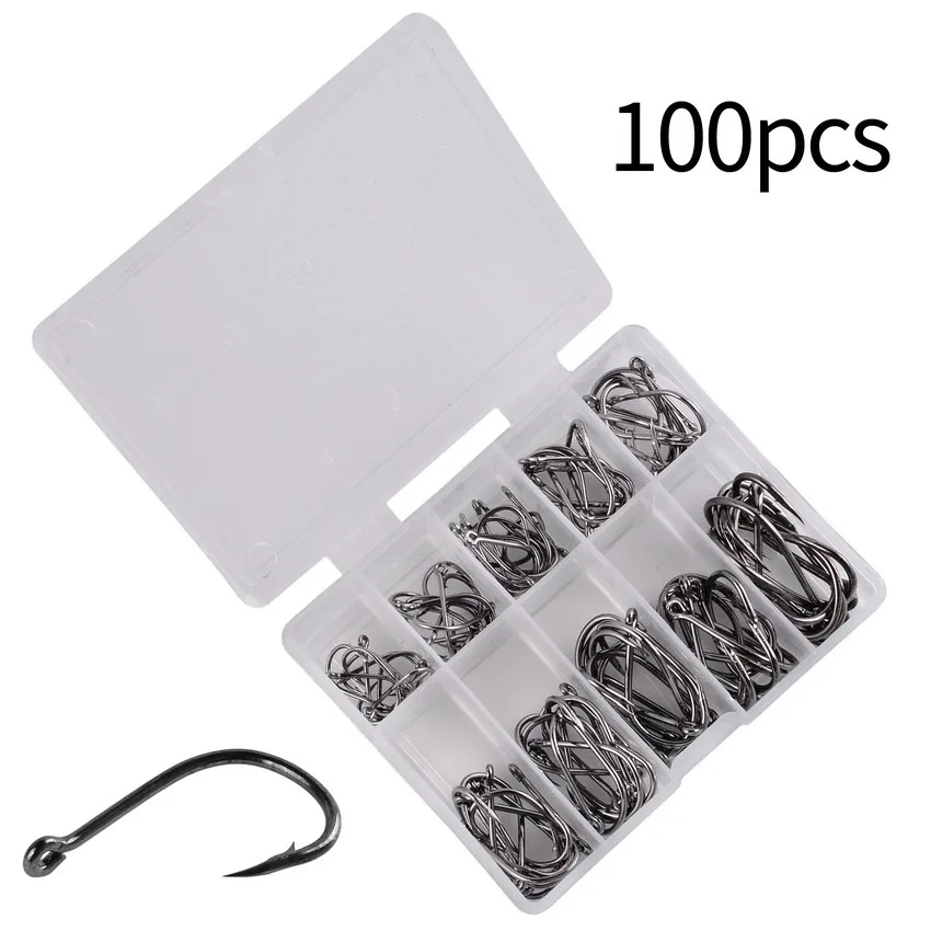 

100 Pcs/Box Fish Hooks 3 Color Options High Carbon Steel With Barbed Hook Fishing Ring Hook Fishing Rotary Rope Hook
