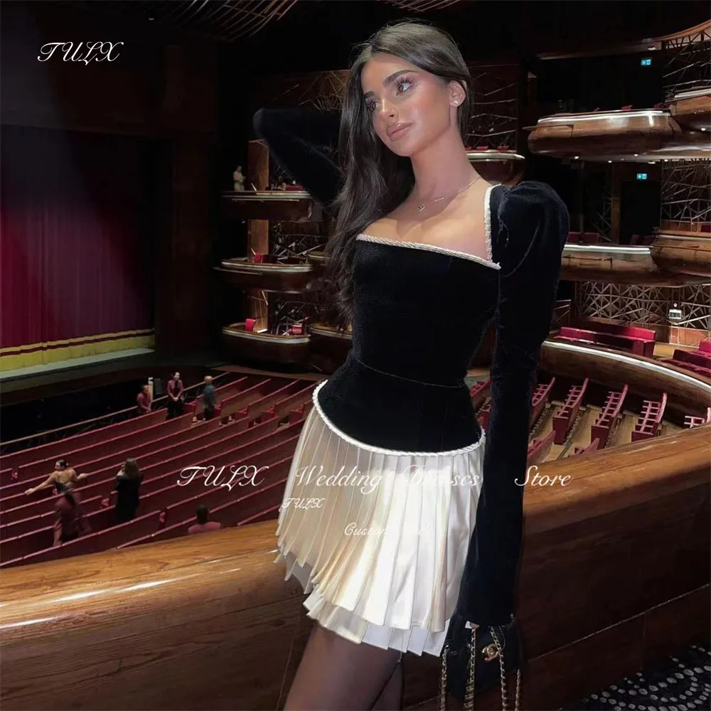 Черное короткое бархатное коктейльное платье с длинным рукавом квадратным