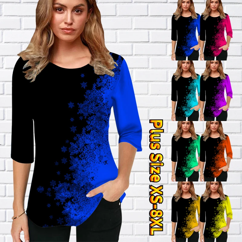 

2022 Autumn Winter Women's Street Vintage Tops Round Neck Loose Tee Stitching Print Pullover Casual Style Half Sleeve Clothes