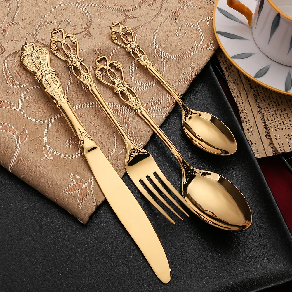 

Home Royal Stainless Set Retro Decor Hollow 4pcs Design Fork Steel Gold Cutlery Set Spoon Dinnerware European Steak Style Knife