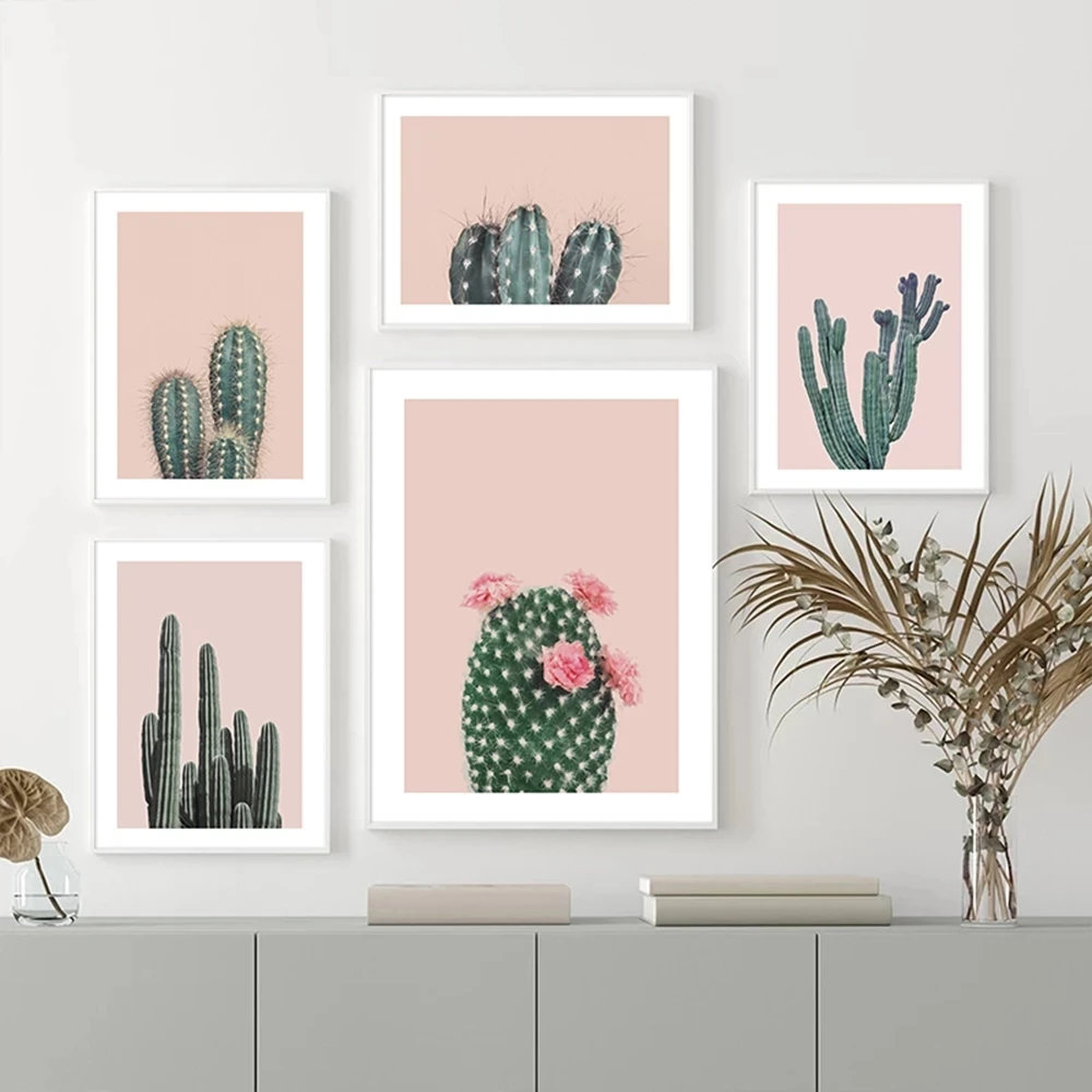 

Modern Wild Cactus Poster Botanical Flower Study Living Room Boho Painting Pink Picture Aesthetic Room Decor Canvas Paintng