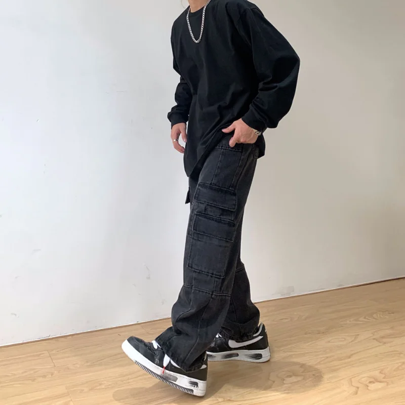 Street Retro Washed Loose Wide Leg Men Jeans Casual Style Overalls Big Pocket Daddy Pants Women's Retro Casual Pants streetwear