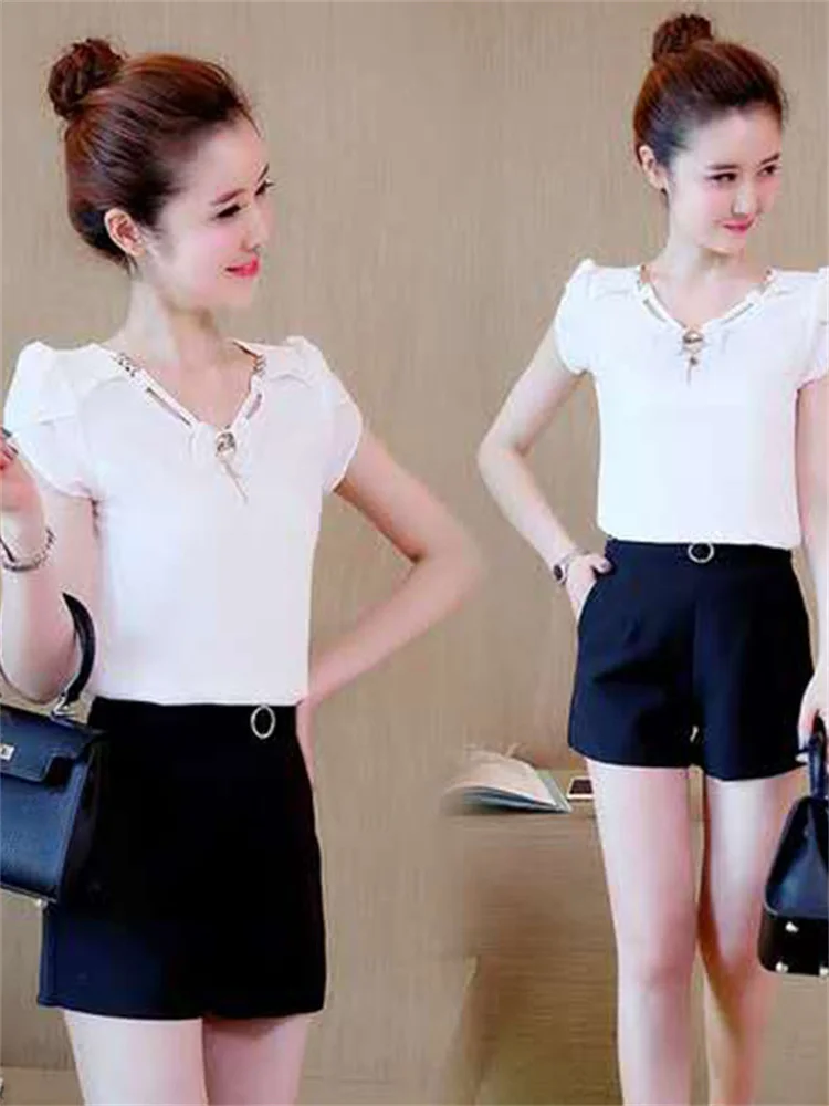 Женская шифоновая блузка летний топ с коротким рукавом DF2584 размера плюс |