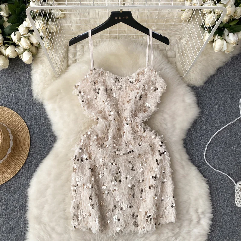 

Women Chic Feather Sequin Split Slip Dress Sexy Backless Elegant Evening Party Luxury Robe Women Vintage Slim Mini Dress