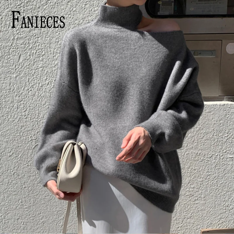 

FANIECES Loose Women's Turtleneck Sweater Jumper Long Batwing Sleeve Solid Knitted Pullover Korean Oversized Winter Pull Femme
