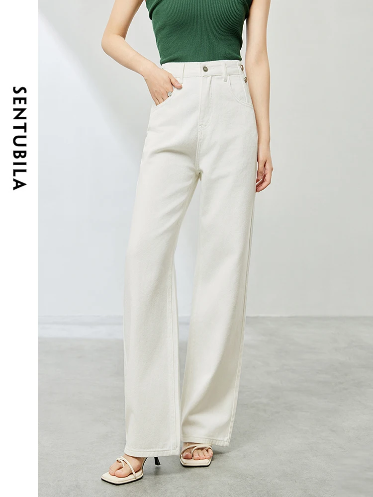 SENTUBILA прямые белые джинсы женские широкие хлопковые джинсовые брюки 2024