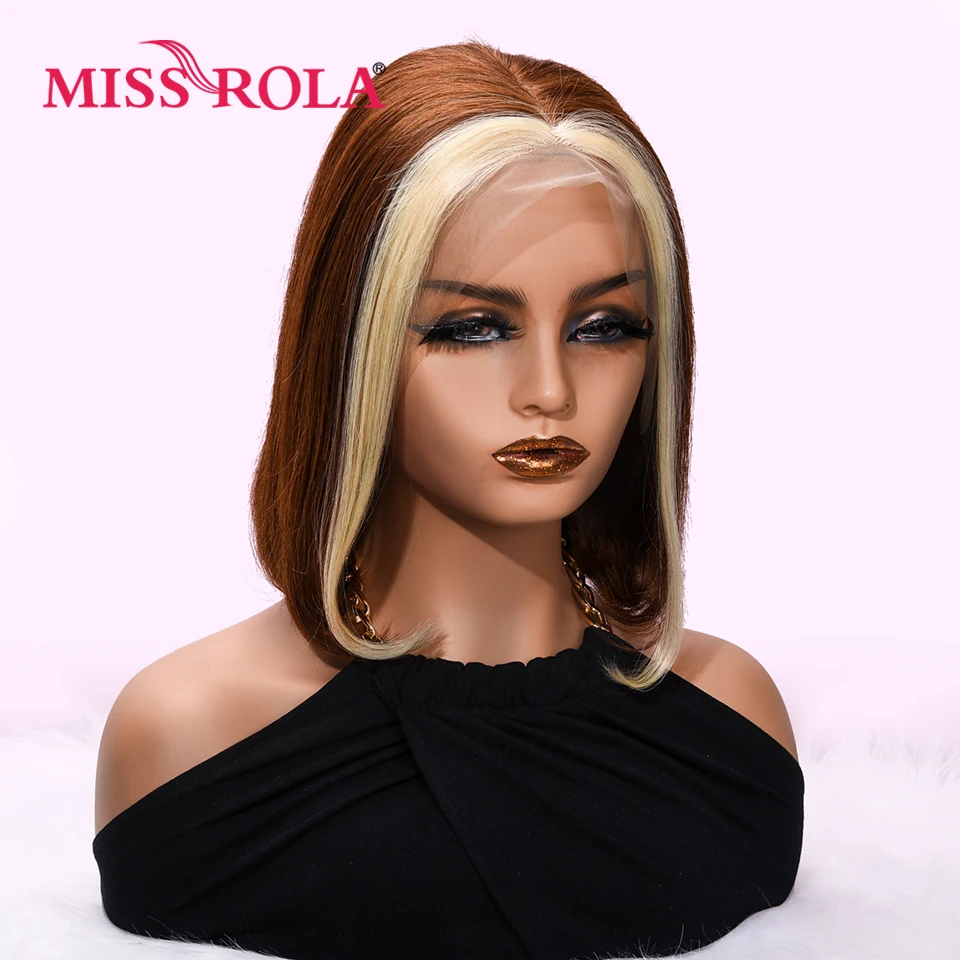 Miss Rola Hair 13x4 Short Bob Lace Front Wig Human Hair Brazilian Highlight Wigs Remy Straight Frontal Hair Wig 180% Density
