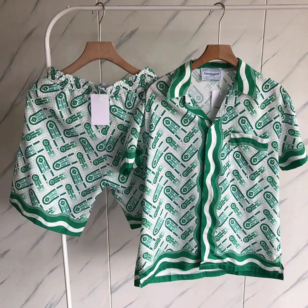 

23SS Classic Зеленые рубашки Касабланки для мужчин и женщин, лучшее качество, топ с принтом логотипа и коротким рукавом, футболка Kanye West