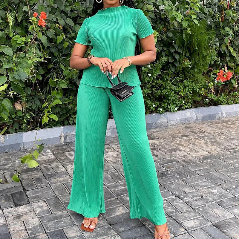 

Women Fashion O-Neck Tops+Wide Leg Pants Set Fashion Casual Solid Color Two Pieces Set Elegant Short Sleeve Office Loose Outfits