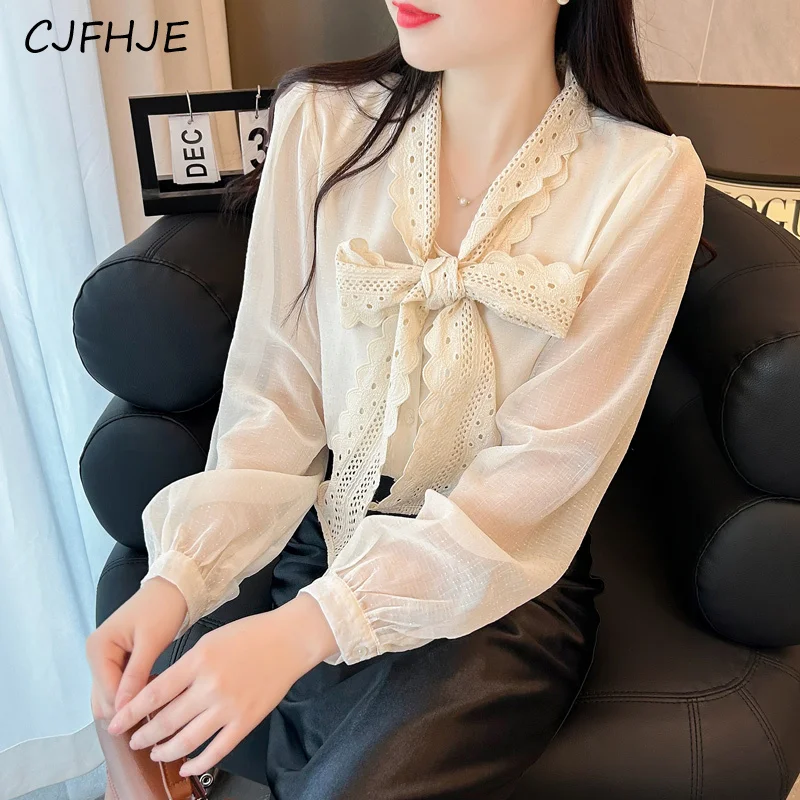 CJFHJE Весенняя кружевная Черная Женская рубашка с длинным рукавом бантом