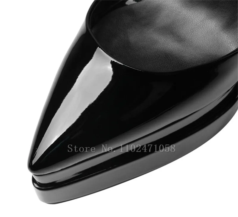Fashion Women Pumps Patent Leather Chunky Platform Pointed Toe Hight Heels 14Cm Square Heels Ankle Buckle Strap Ladies Sandals