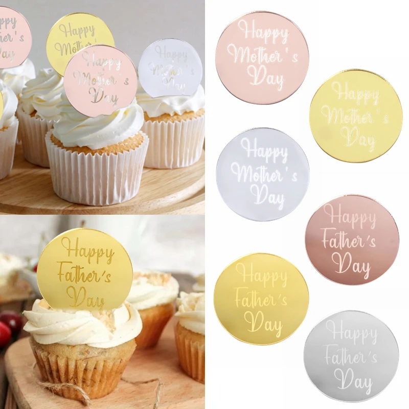 

10pcs Acrylic Happy Mother's Father's Day Cake Topper Gold Silver Round Cupcake Toppers for Mom Dad Birthday Party Dessert Decor