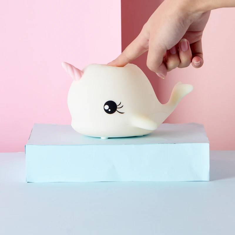 Cute Cartoon Silica gel Dimmable USB Rechargeable Night Lamp Narwhal Baby Kid Bedroom Decor Bedside Gift Molar silicone toy