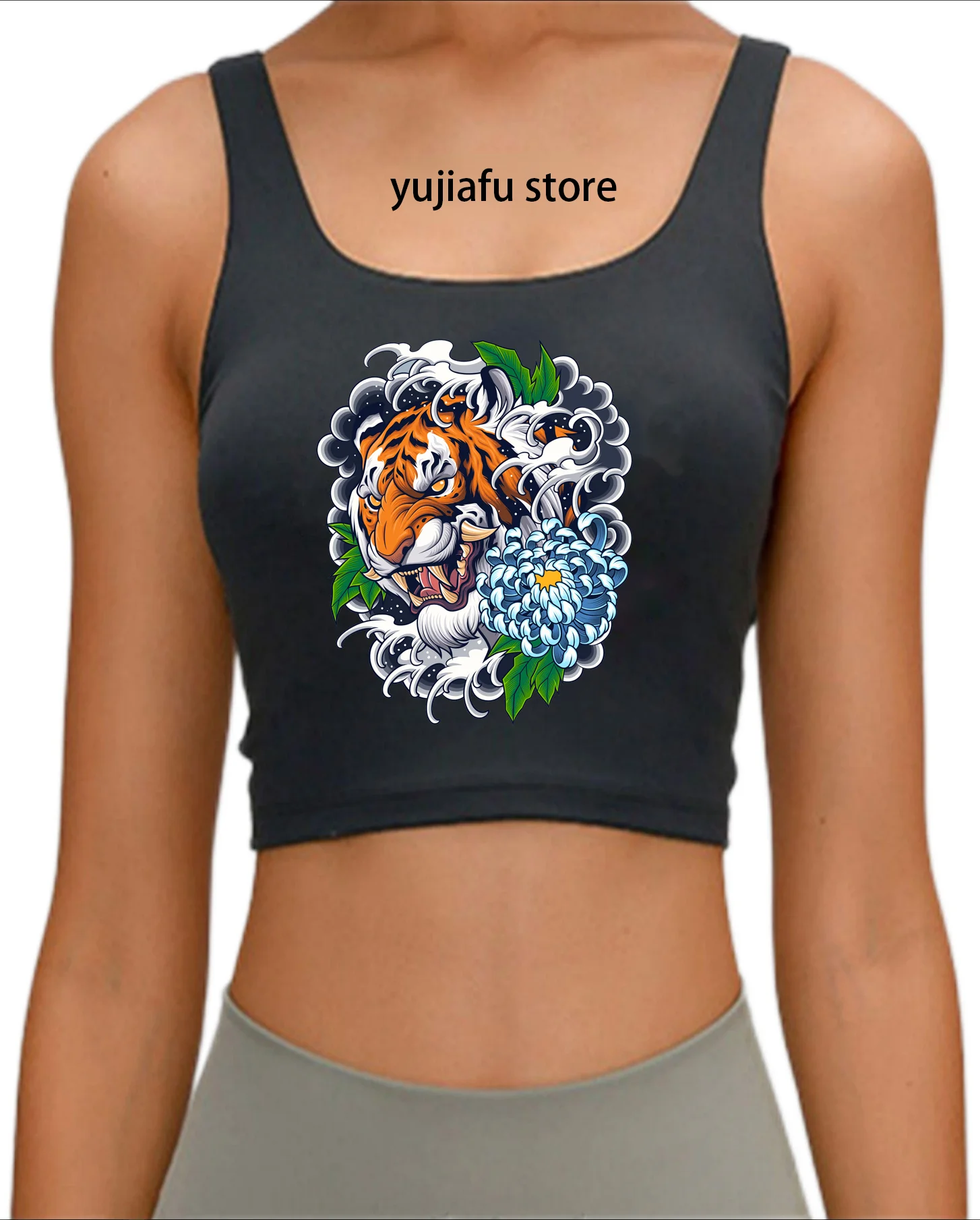 Кроп-топ с головой тигра тату женские модные черные хлопковые - Цена: 