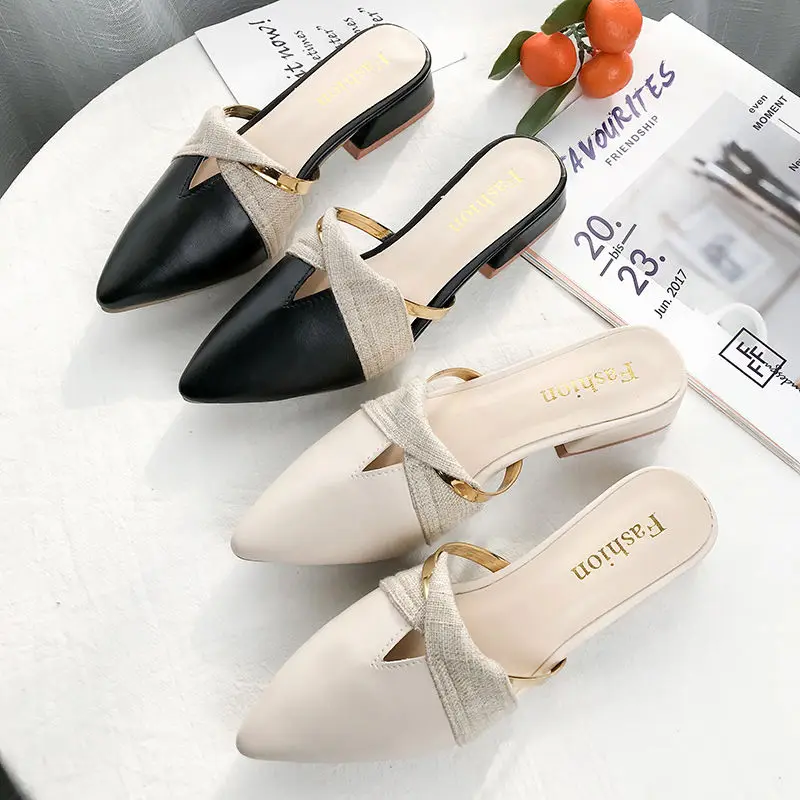 

Half-slipper Women's Summer 2022 New Baotou V Mouth Fashion Outer Wear Thick Heel Pointed Mules Shoes for Women Ladies Shoes