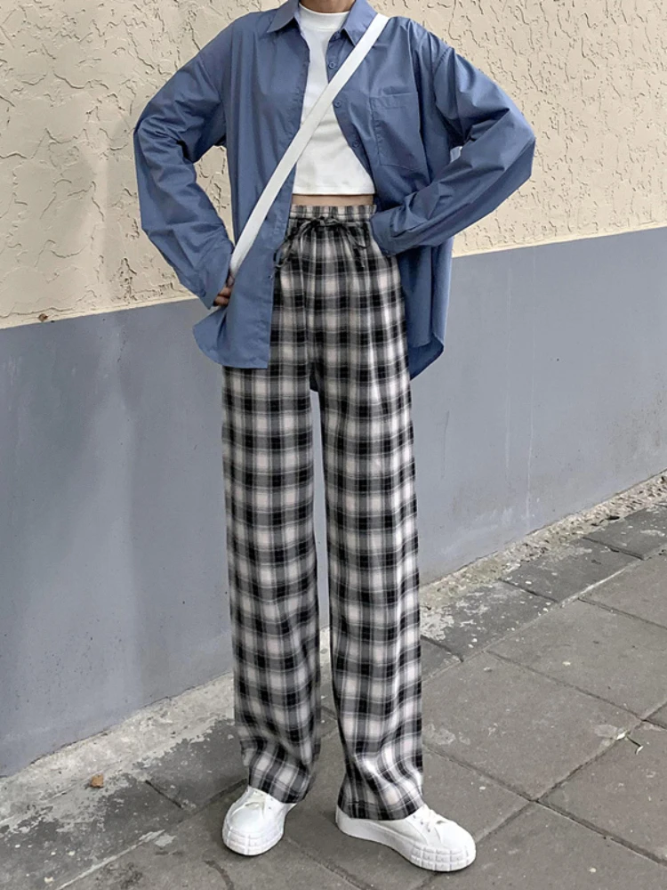 Женские клетчатые брюки в Корейском стиле HOUZHOU черные и белые свободные клетку