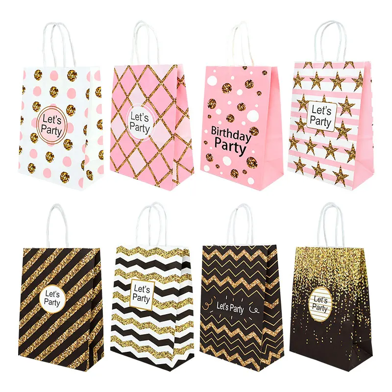 

5pcs Happy Birthday Gift Bag Cookies Candy Bronzing Black Kraft Paper Bag Baby Shower Party Kids Favor Tote Bag Box Decoration