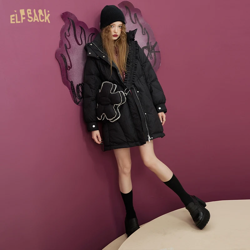 ELFSACK Black Warm Down Coats Women 2022 Winter Long Casual Coats