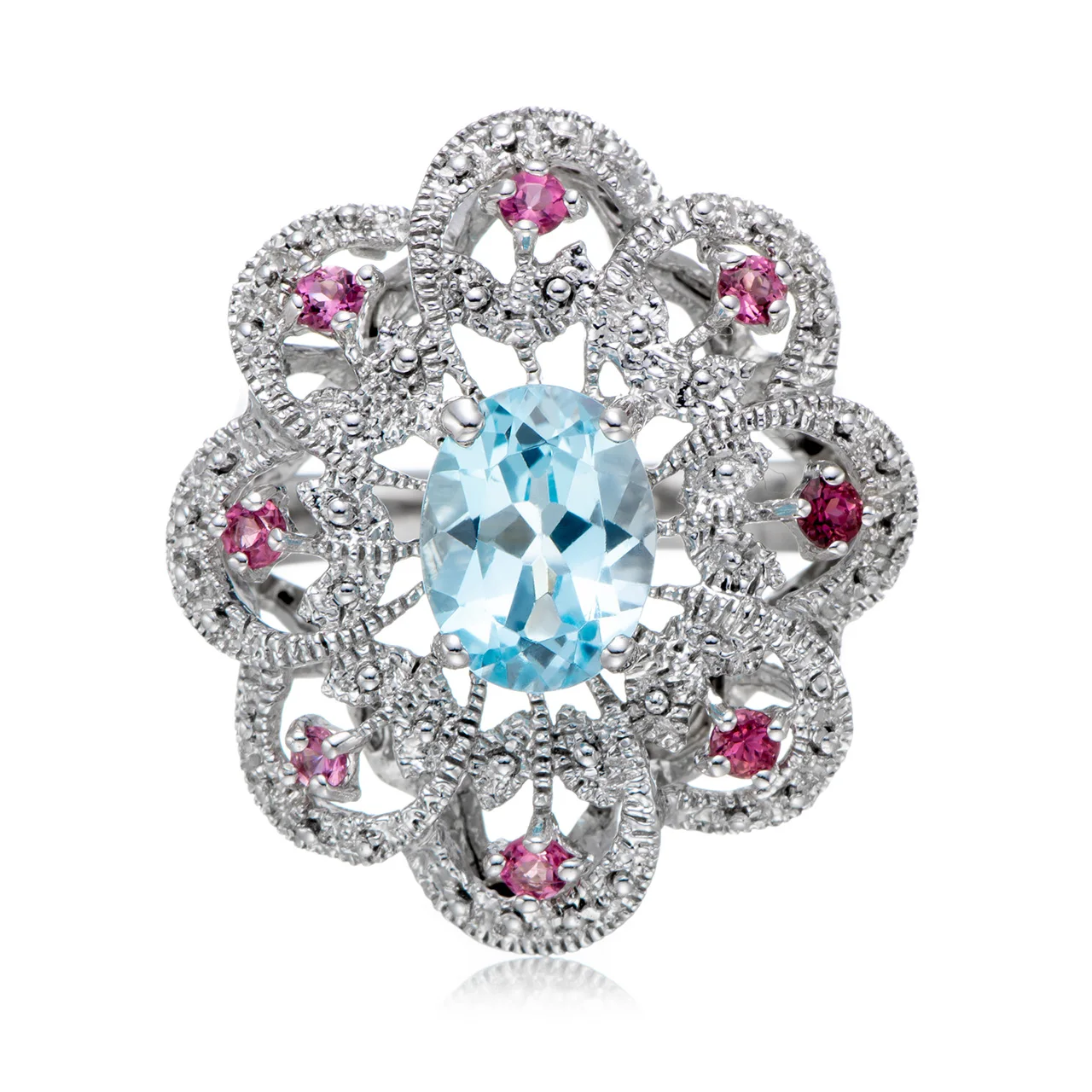 

GESIDE 7x9mm Aquamarine and Rhodolite Rhodium Over Sterling Silver Ring