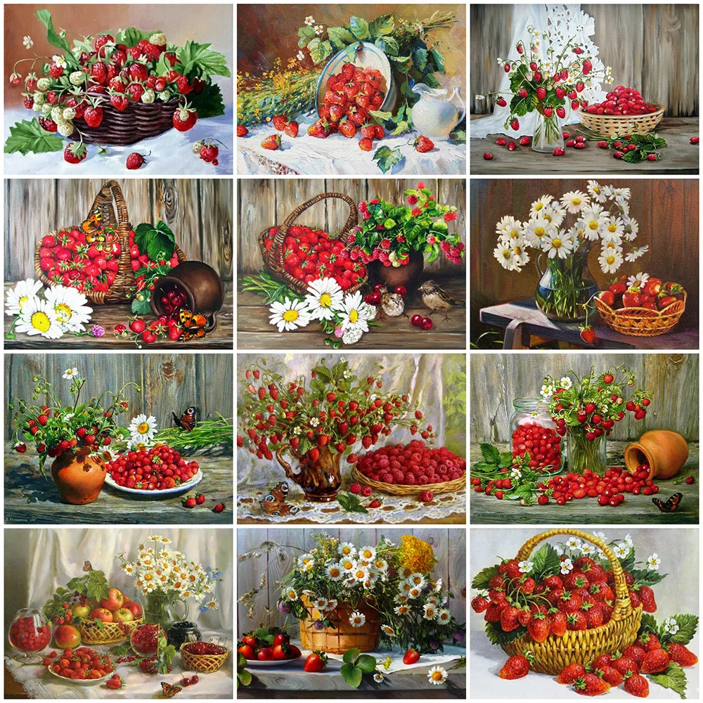 

MAXMPUP Diamond Painting Flowers Strawberry Full Square Round Fruit Kit 5D DIY Diamond Embroidery Mosaic Daisy Decorations Hom