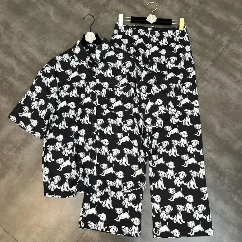 

PREPOMP 2022 Spring Short Sleeve Turn Down Collar Cartoon Dogs Shirt Wide Leng Long Pants Two Piece Set Tracksuits Women GE029