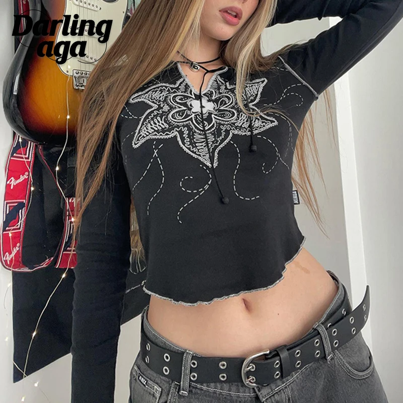 

Darlingaga Grunge Fairycore y2k Autumn Tee Shirts Slim Graphic Print Women's T-shirts 90s Stitch Gothic Tops Cropped Aesthetic
