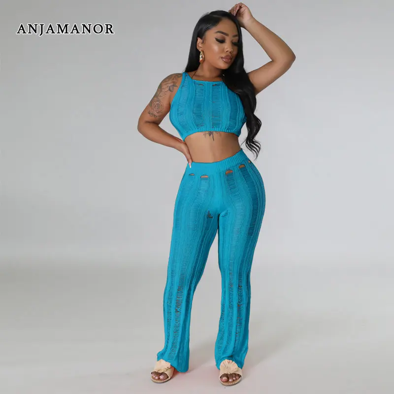 

Женский вязаный комплект из двух предметов, короткий топ и брюки